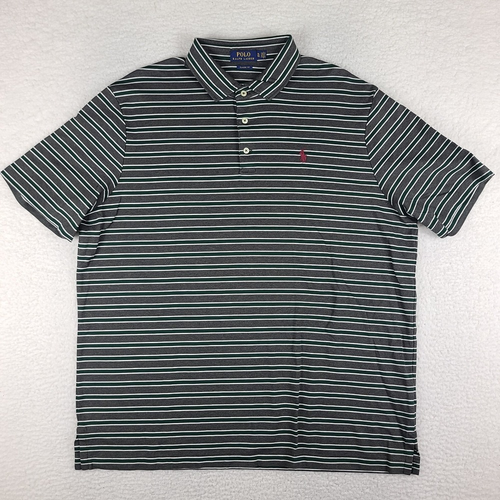 Polo Ralph Lauren Polo Shirt Mens XL Dark Gray Green Striped Classic Performance